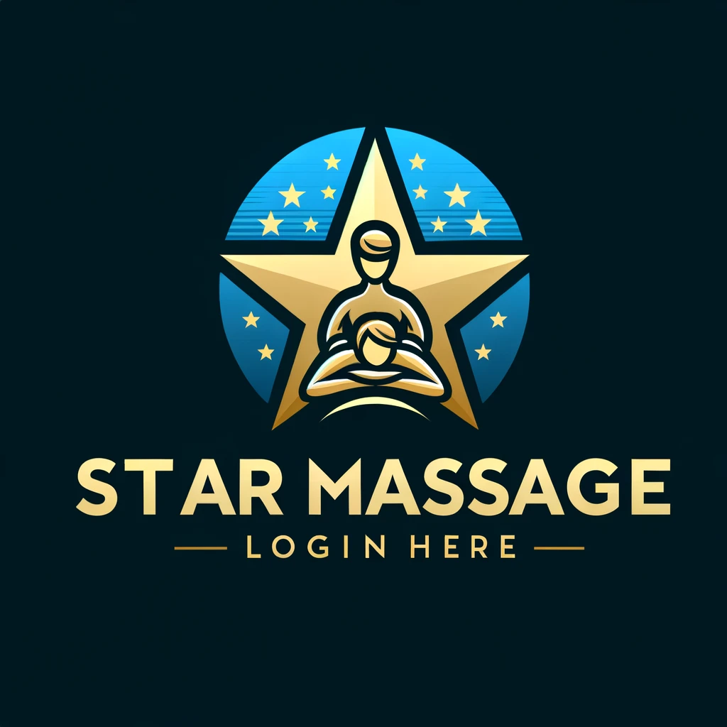 Here is the logo designed for 'Star Massage', featuring a large star and an attractive therapist performing a massage.