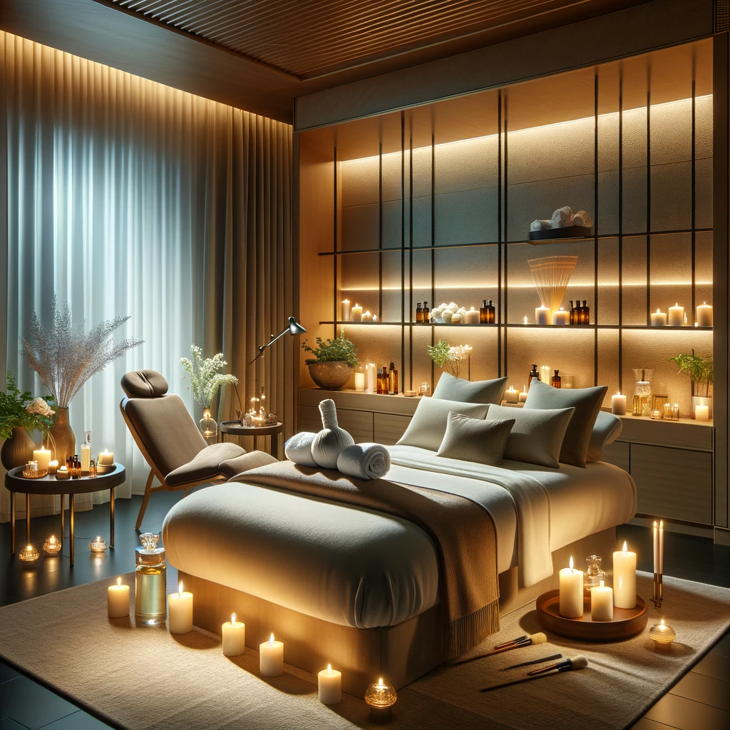 DALL·E 2024-01-18 20.17.24 - A luxurious and serene massage therapy room, showcasing a comfortable massage bed with plush towels, dim ambient lighting, and an array of aromatic oi